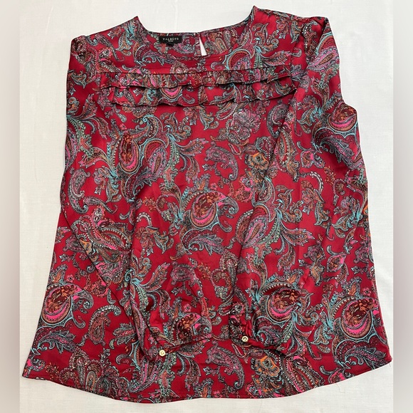 Talbots Top Women's Sz MP Long Sleeve Red Paisley Blouse Ruffled Boho Office - Picture 2 of 7